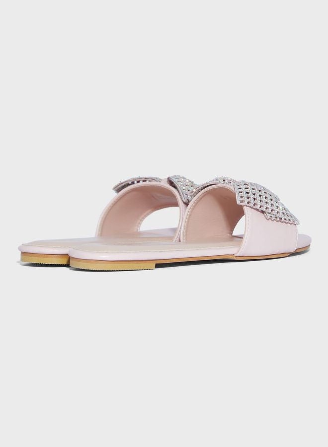 One Strap Bow Flat Sandals For Women Beige