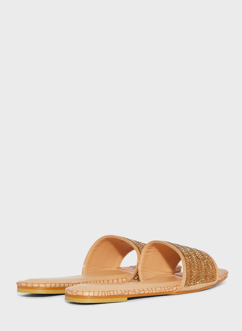 One Strap Flat Sandals Beige