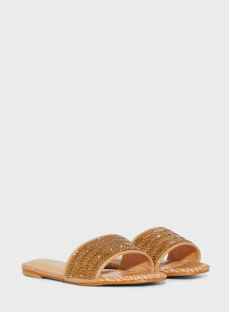 One Strap Flat Sandals Beige