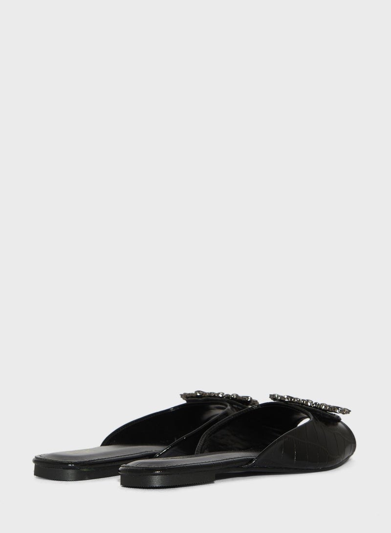 Peep Toe Flat Sandals Black