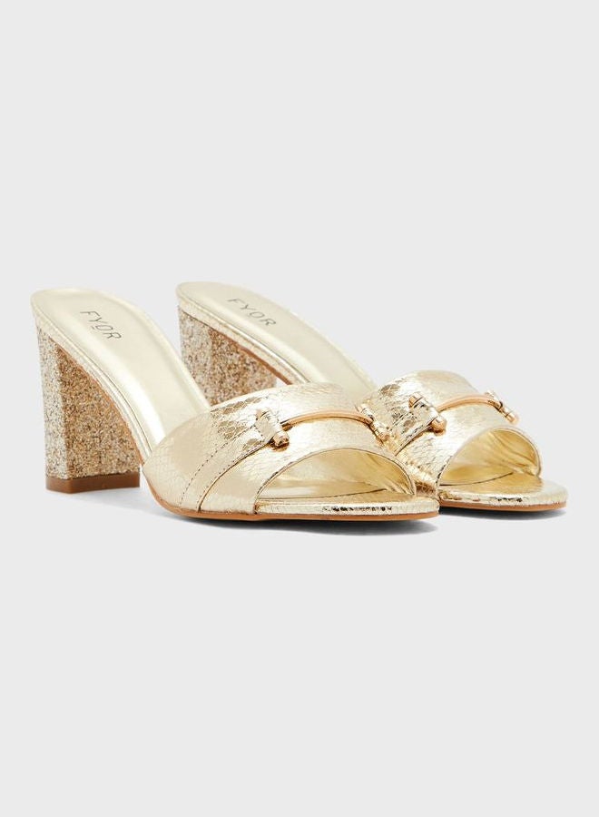 One Strap Mid Heel Sandals Gold