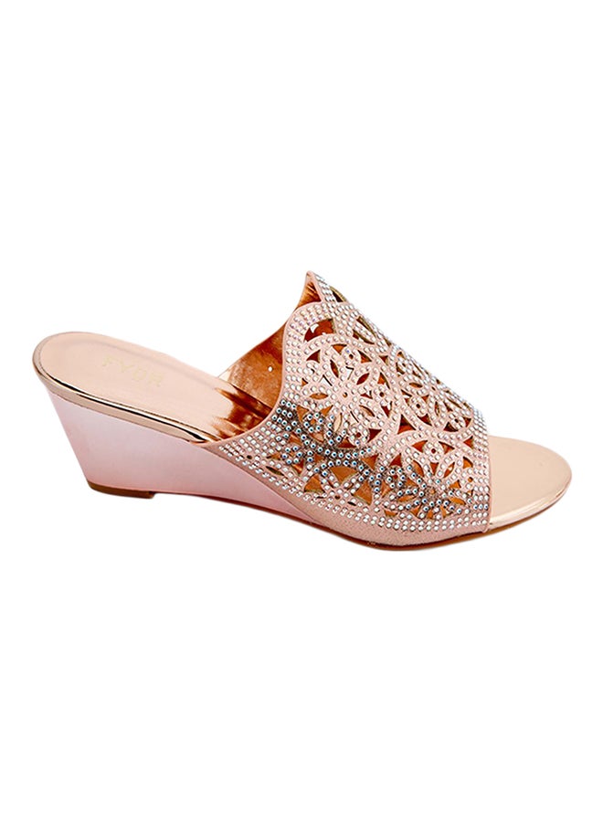 Stone Embellished Wedge Sandals Rose Gold