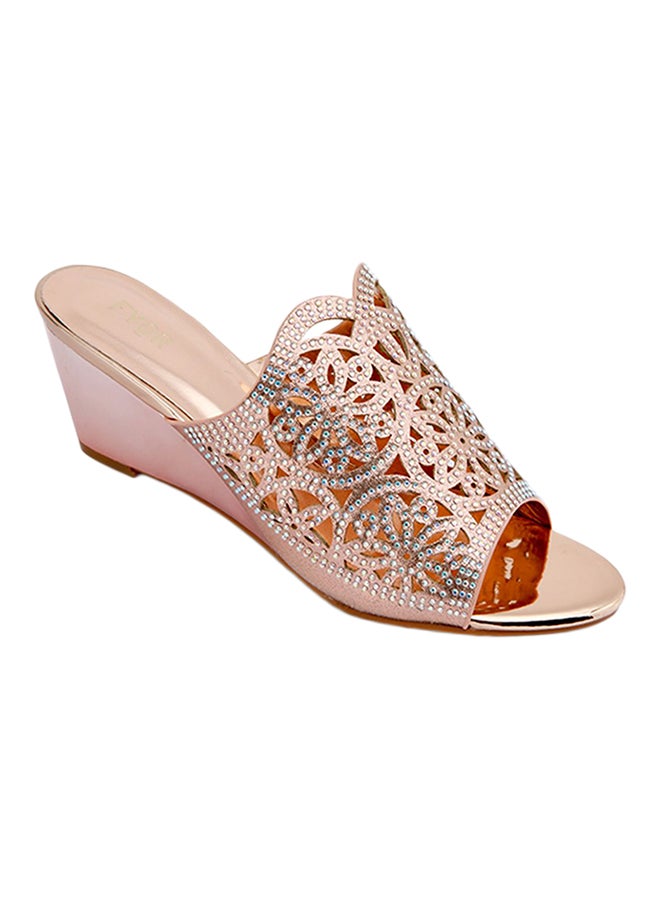 Stone Embellished Wedge Sandals Rose Gold