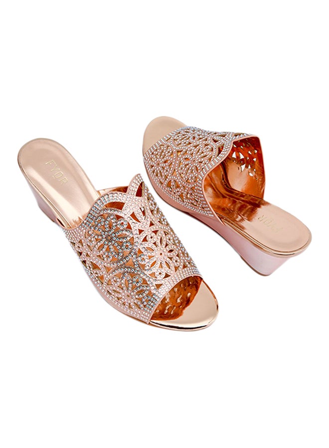 Stone Embellished Wedge Sandals Rose Gold