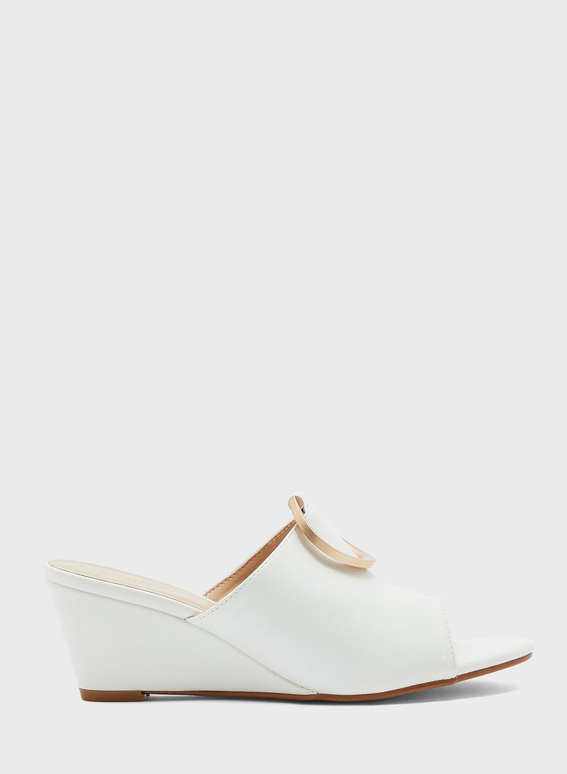 Buckle Detail Wedge Low Heel Sandal White