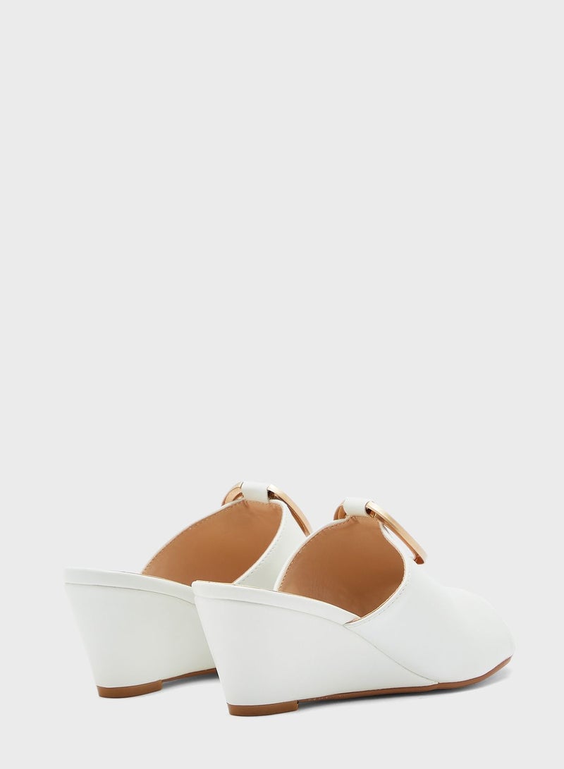 Buckle Detail Wedge Low Heel Sandal White