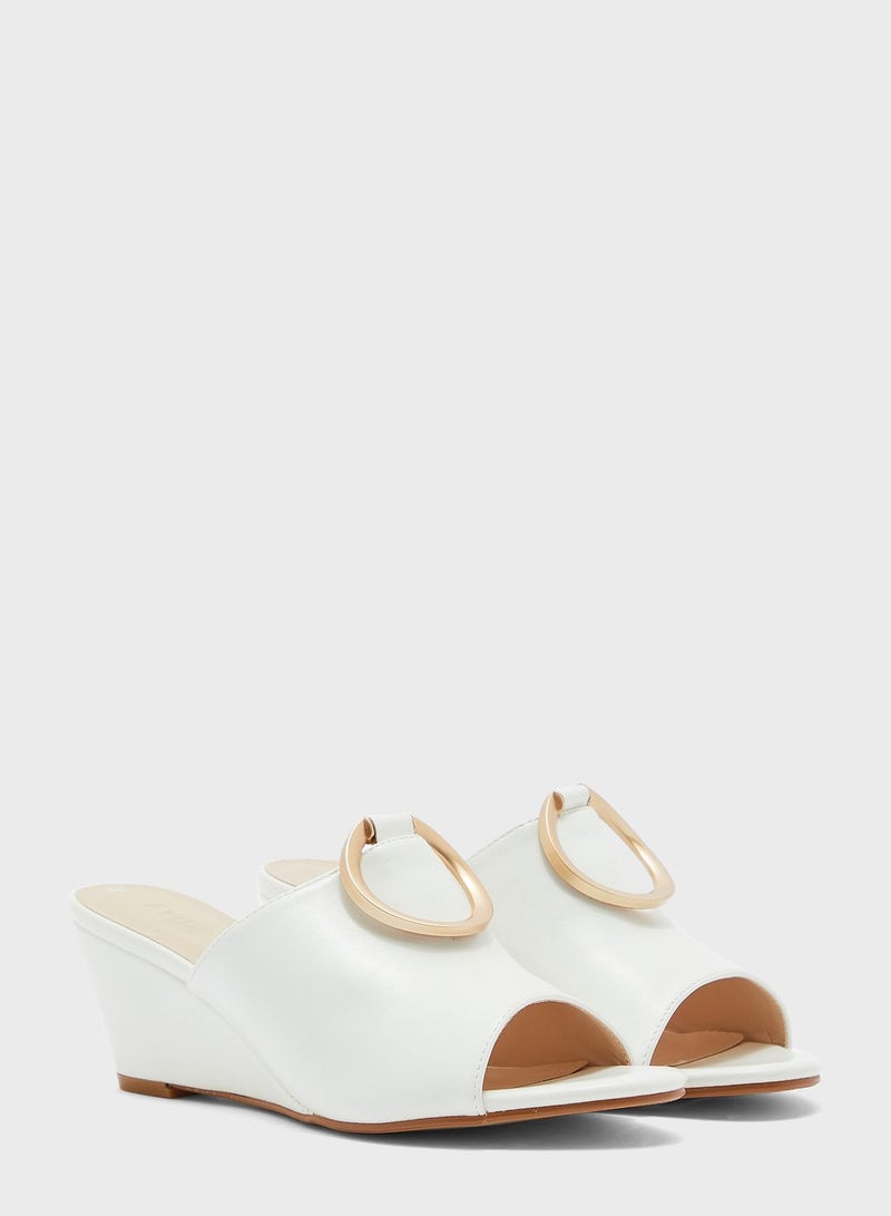 Buckle Detail Wedge Low Heel Sandal White