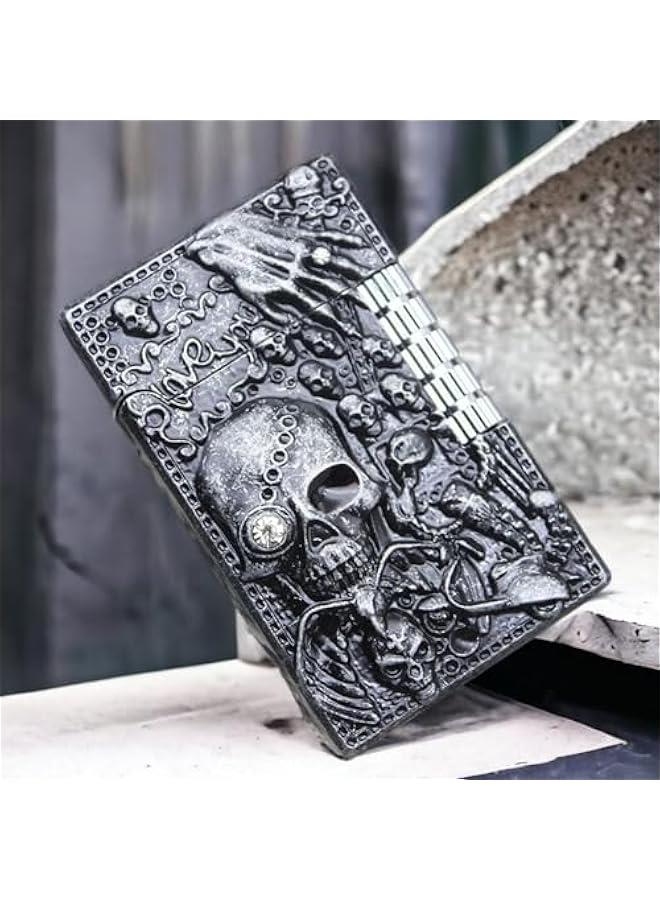 Cool Engraved Skull Lighter, Creative Grinding Wheel Butane Lighter, Soft Flame Lighter, Jet Torch Lighter, Adjustable Inflatable, Retro Antique Lighter, Men's Gift (No Gas) - Black Gray