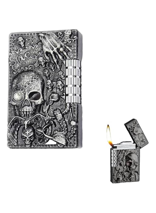 Cool Engraved Skull Lighter, Creative Grinding Wheel Butane Lighter, Soft Flame Lighter, Jet Torch Lighter, Adjustable Inflatable, Retro Antique Lighter, Men's Gift (No Gas) - Black Gray