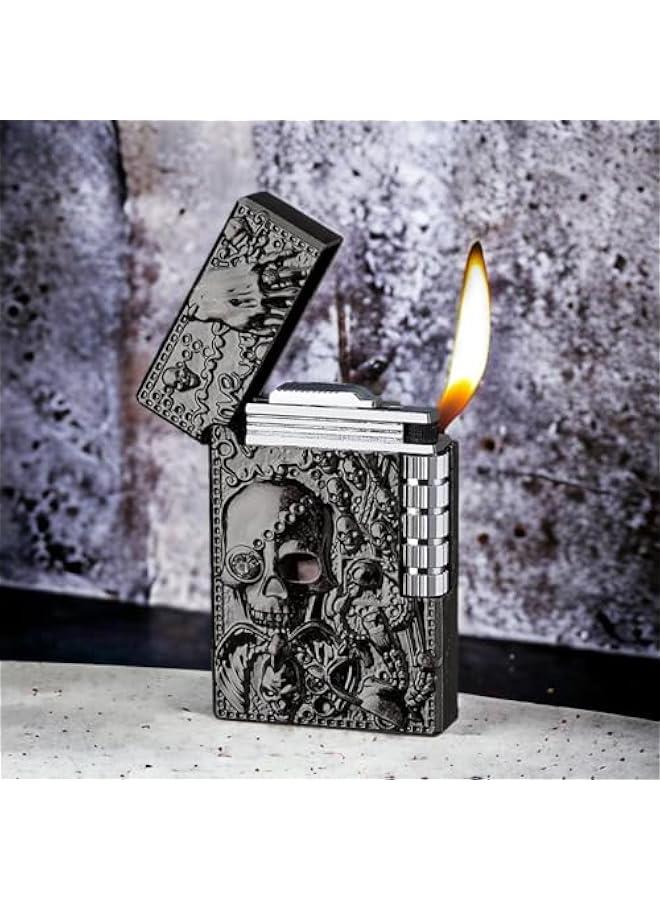 Cool Engraved Skull Lighter, Creative Grinding Wheel Butane Lighter, Soft Flame Lighter, Jet Torch Lighter, Adjustable Inflatable, Retro Antique Lighter, Men's Gift (No Gas) - Black Gray