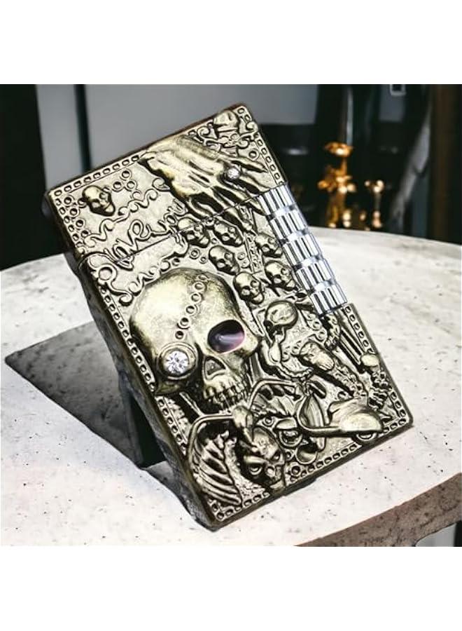 Cool Engraved Skull Lighter, Creative Grinding Wheel Butane Lighter, Soft Flame Lighter, Jet Torch Lighter, Adjustable Inflatable, Retro Antique Lighter, Men's Gift (No Gas) - Bronze