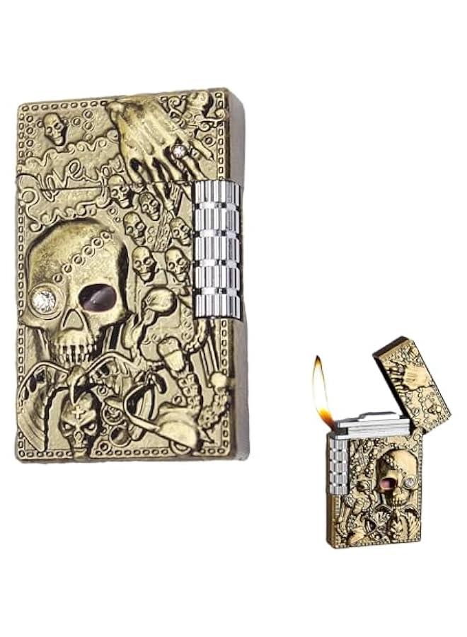 Cool Engraved Skull Lighter, Creative Grinding Wheel Butane Lighter, Soft Flame Lighter, Jet Torch Lighter, Adjustable Inflatable, Retro Antique Lighter, Men's Gift (No Gas) - Bronze