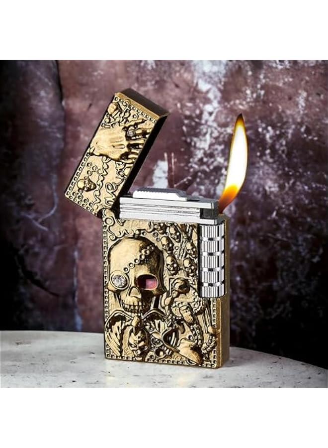 Cool Engraved Skull Lighter, Creative Grinding Wheel Butane Lighter, Soft Flame Lighter, Jet Torch Lighter, Adjustable Inflatable, Retro Antique Lighter, Men's Gift (No Gas) - Bronze