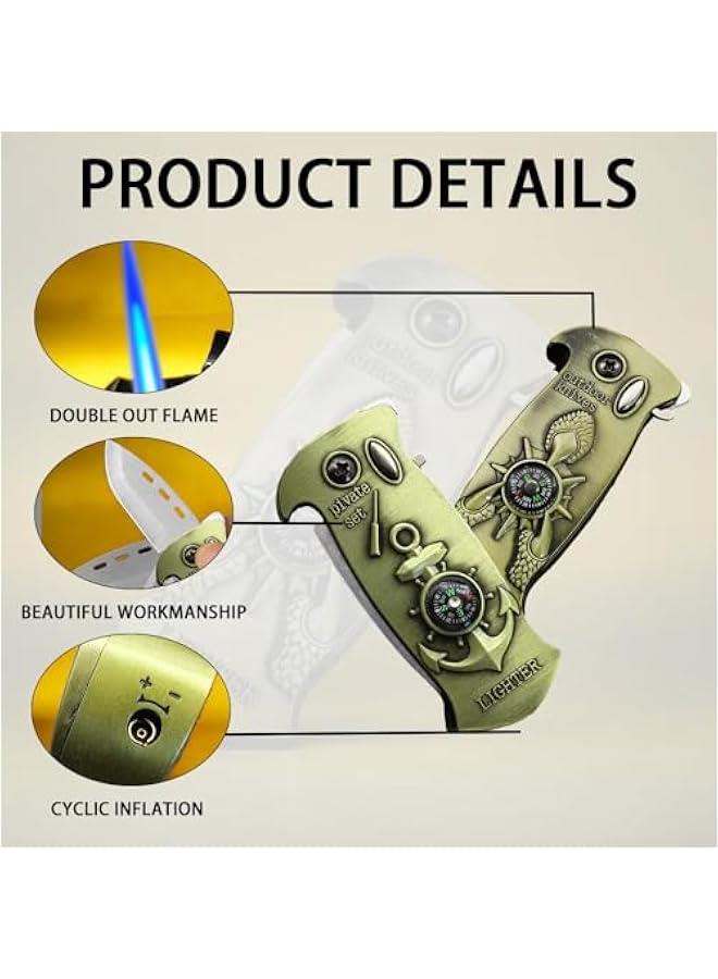 Fun Compass Multifunctional Lighter, Jet Windproof Torch Lighter, Creative Pass-Through Lighter, Refillable Butane Torch Lighter, Inflatable, Cool, Unique Gift for Men (No Gas)