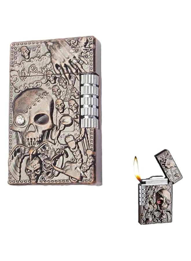 Cool Engraved Skull Lighter, Creative Grinding Wheel Butane Lighter, Soft Flame Lighter, Jet Torch Lighter, Adjustable Inflatable, Retro Antique Lighter, Men's Gift (No Gas) - Red Copper