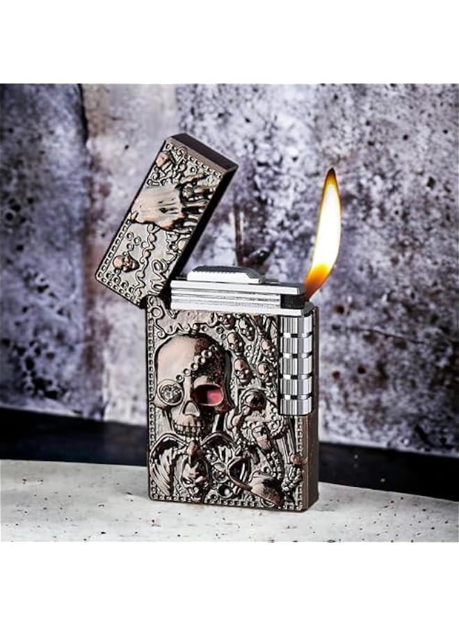 Cool Engraved Skull Lighter, Creative Grinding Wheel Butane Lighter, Soft Flame Lighter, Jet Torch Lighter, Adjustable Inflatable, Retro Antique Lighter, Men's Gift (No Gas) - Red Copper