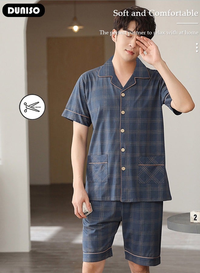 Men's Pajamas Set, 3-Piece Long Sleeve Sleepwear Top, Long Pants and Short Pants Sleepwear Button Down Loungewear Set Soft Pajamas Set with Pockets for Men