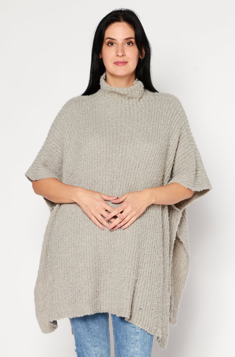 Women Funnel Collar Knitted Poncho, Grey