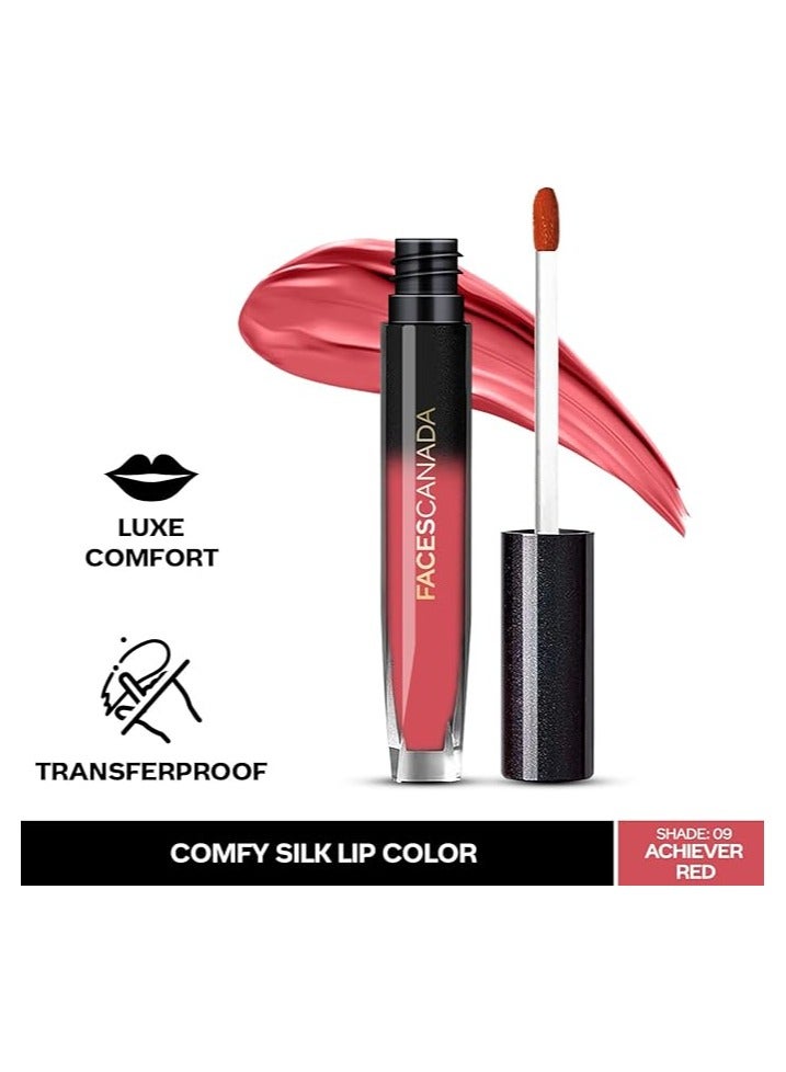 FACES CANADA Comfy Silk Liquid Lipstick Infused With Nourishing Mulberry Oil & Shea Butter, Longwear Transfer Proof Highly Pigmented Lip Color With Smooth Texture, Satin Matte Finish - Achiever Red 09