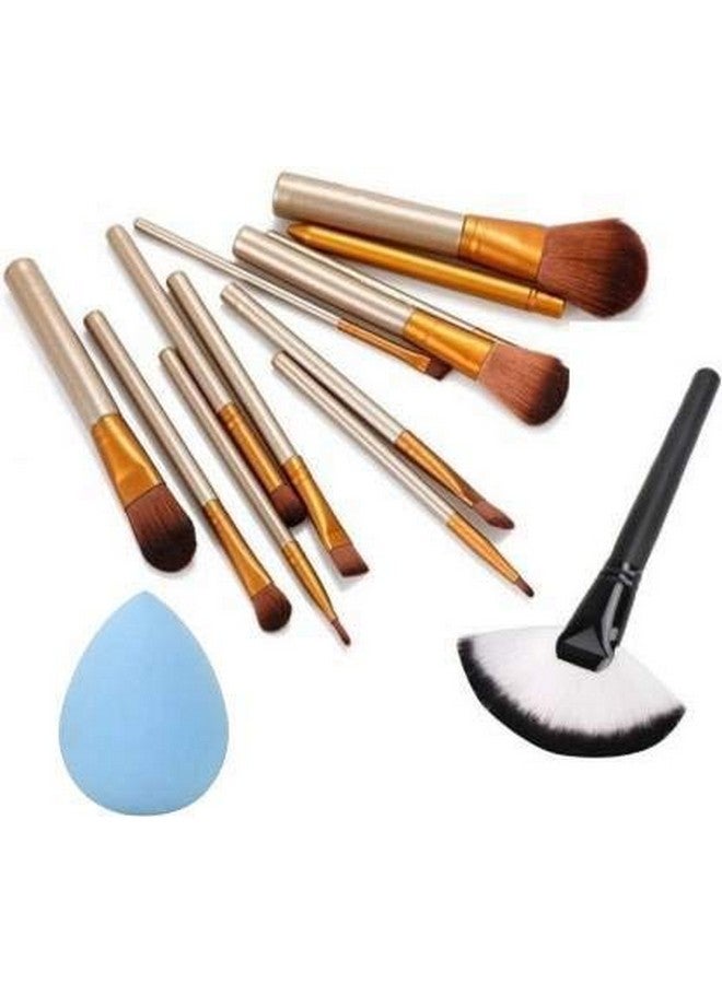 Makeup Brushes Kit Set Of 12 With A Silver Storage Box And One Fan Brush And One Sponge Puff