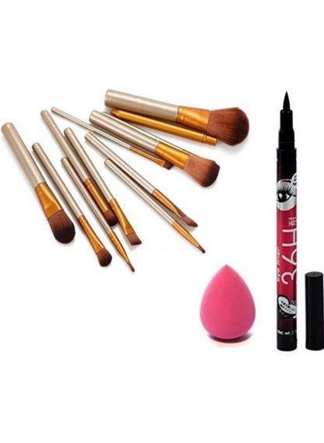 Makeup Brushes Kit Set Of 12 With A Silver Storage Box And One Sponge Puff And One 36H Eyeliner