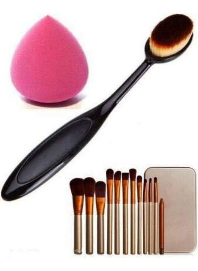 Makeup Brushes Kit Set Of 12 With A Silver Storage Box And One Oval Brush And One Sponge Puff
