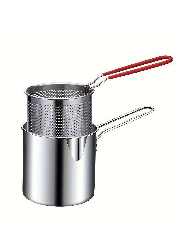 Stainless Steel Fryer with Strainer Basket - Multi-Functional Kitchen Cookware for Home Use ,Splash-Proof Design with Removable Oil Strainer ,Perfect for Frying, Cooking, and Sautéing