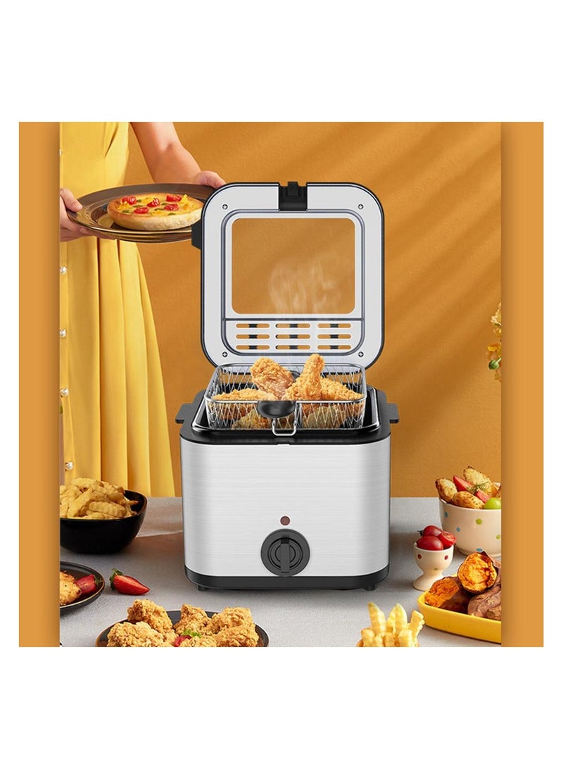 2.5L Electric Fryer, 1000W Household Small Stainless Steel Deep Fryer with Multi-Function Kebab Feature, High Power Mini Kitchen Fryer for Crispy French Fries, Chicken, Fish, and More