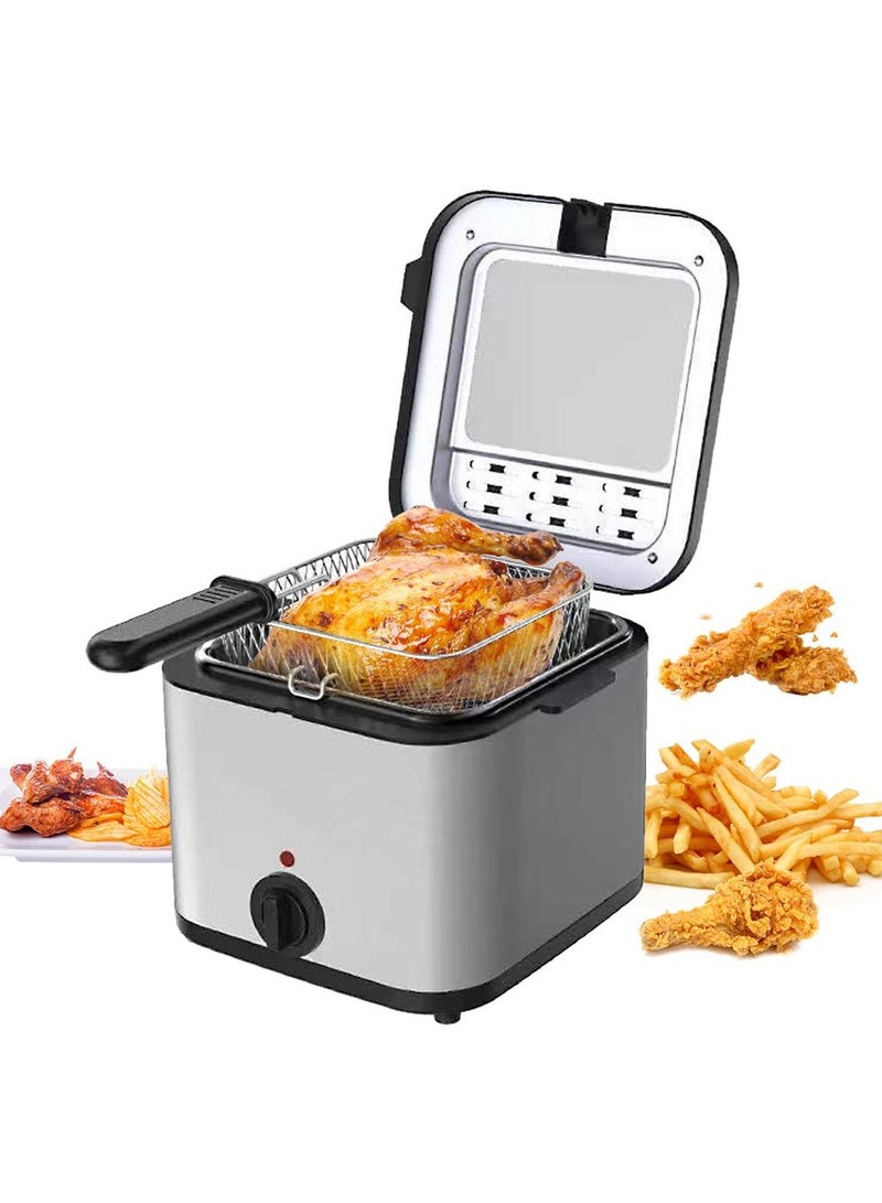 2.5L Electric Fryer, 1000W Household Small Stainless Steel Deep Fryer with Multi-Function Kebab Feature, High Power Mini Kitchen Fryer for Crispy French Fries, Chicken, Fish, and More