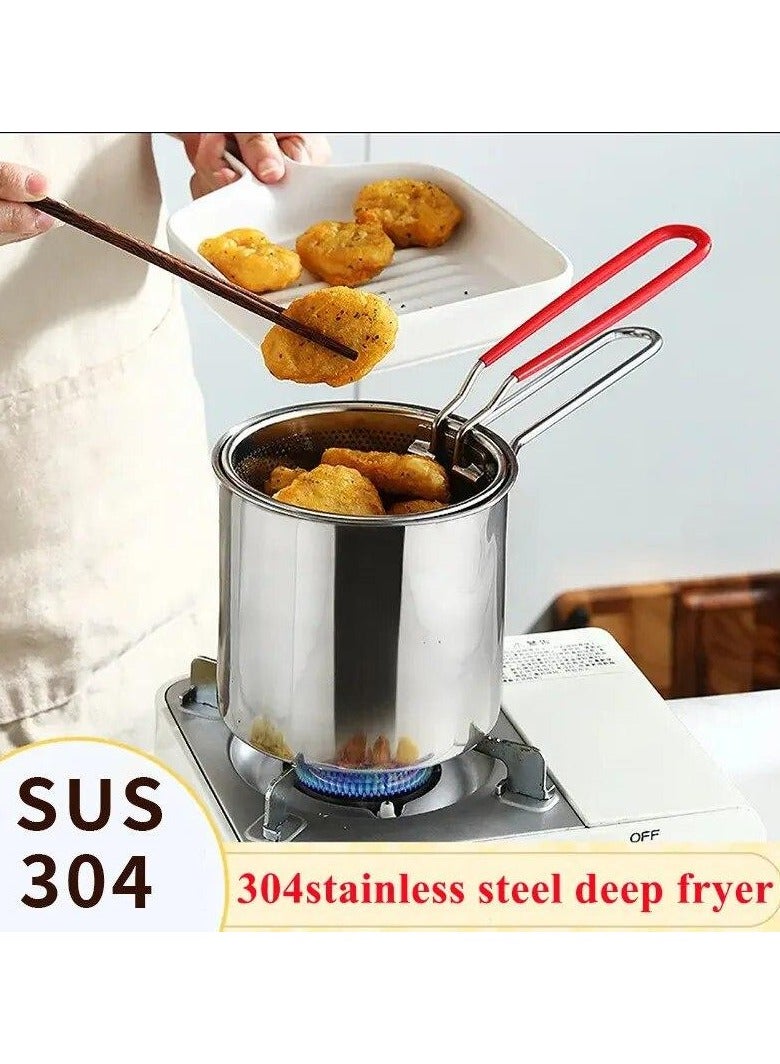 Household 304 Stainless Steel Deep Fryer with Lid Clip & Strainer Basket, Multifunction French Fry Pan Kitchenware for Home Cooking