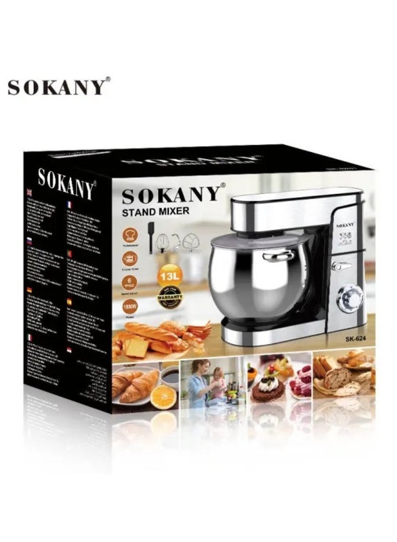 Sokany 624 the newest dough kneading machine bakery equipment home used full-body stainless steel body 13L stand food mixers