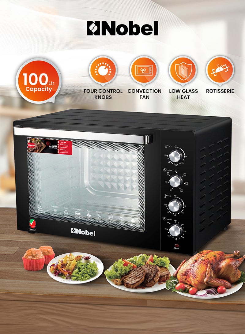 100L Oven with Adjustable Temperature Control (70-250°C), 120-Minute Timer, Double Glass Door 100 L 2800 W NEO105PRO Black