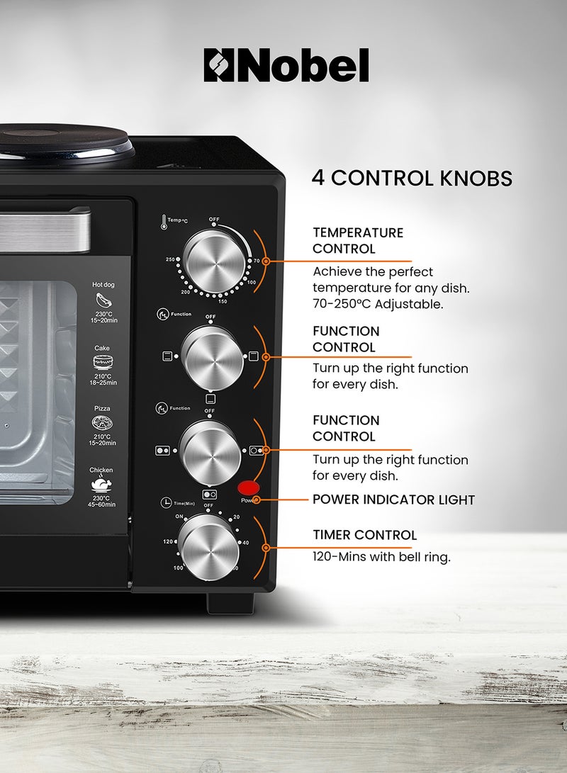 38L Oven with 2 Hotplates, Adjustable Temperature Control (70-250°C), 120-Minute Timer, Double Glass Door 38 L 1600 W NEO45PRO Black