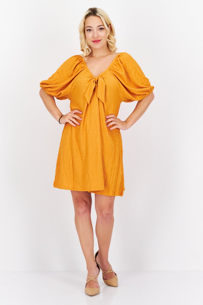 Women Textured Puffed Sleeve Mini Dress, Squash