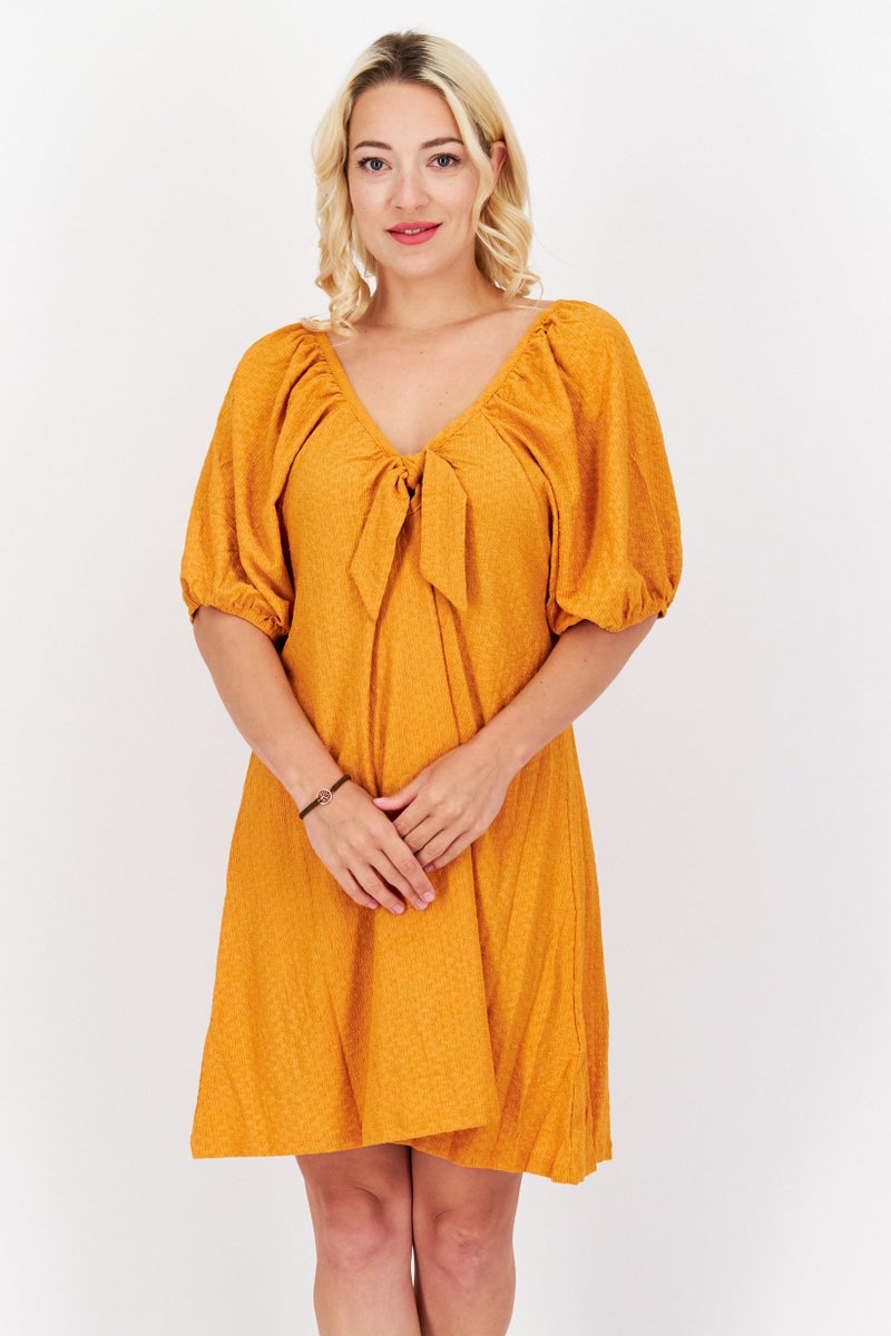 Women Textured Puffed Sleeve Mini Dress, Squash