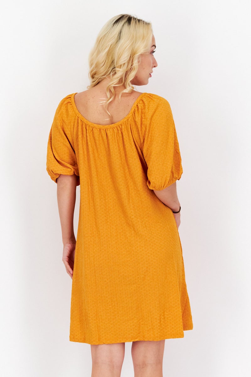 Women Textured Puffed Sleeve Mini Dress, Squash