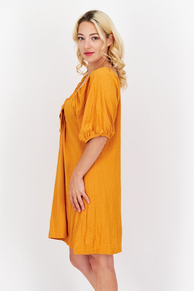 Women Textured Puffed Sleeve Mini Dress, Squash