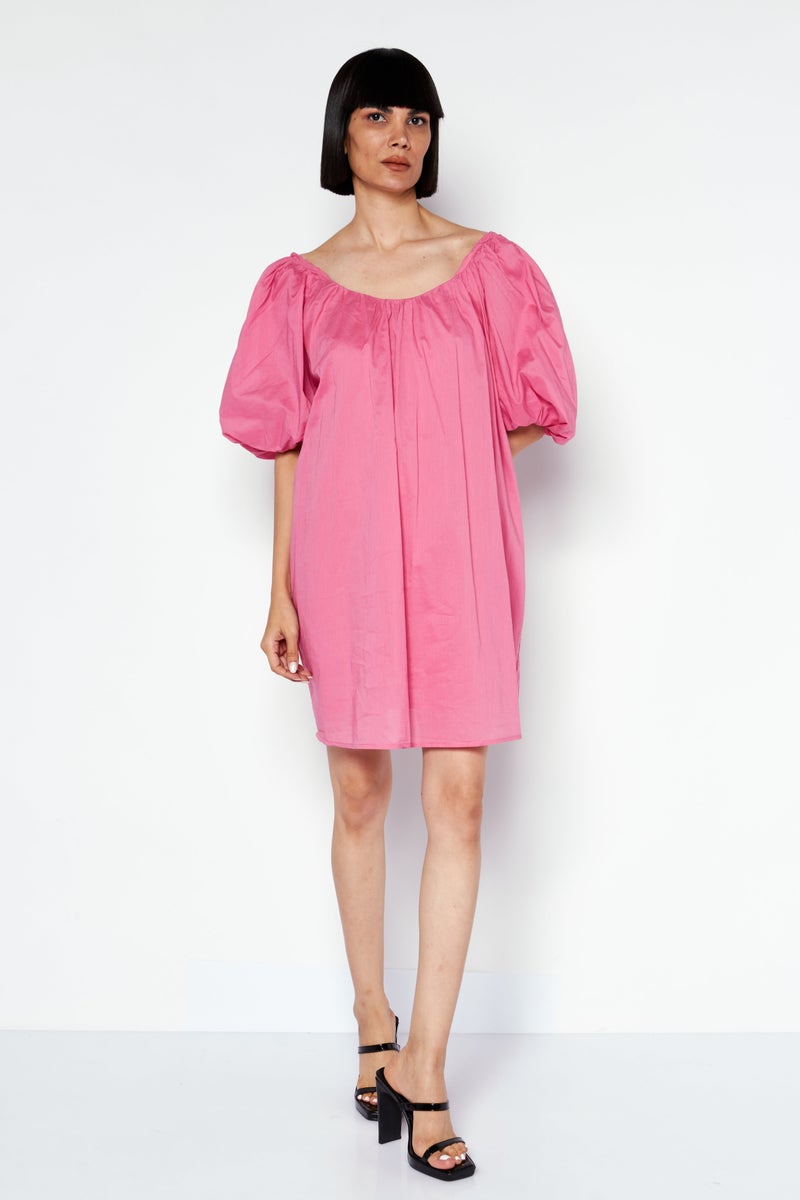 Women Plain Puffed Sleeve Mini Dress, Pink