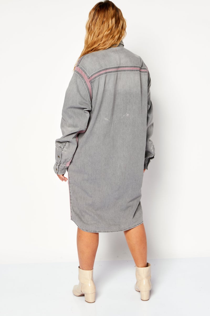 Women Textured Denim Shirt Dress, Grey