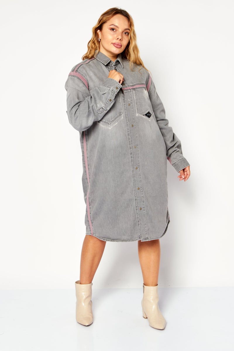Women Textured Denim Shirt Dress, Grey