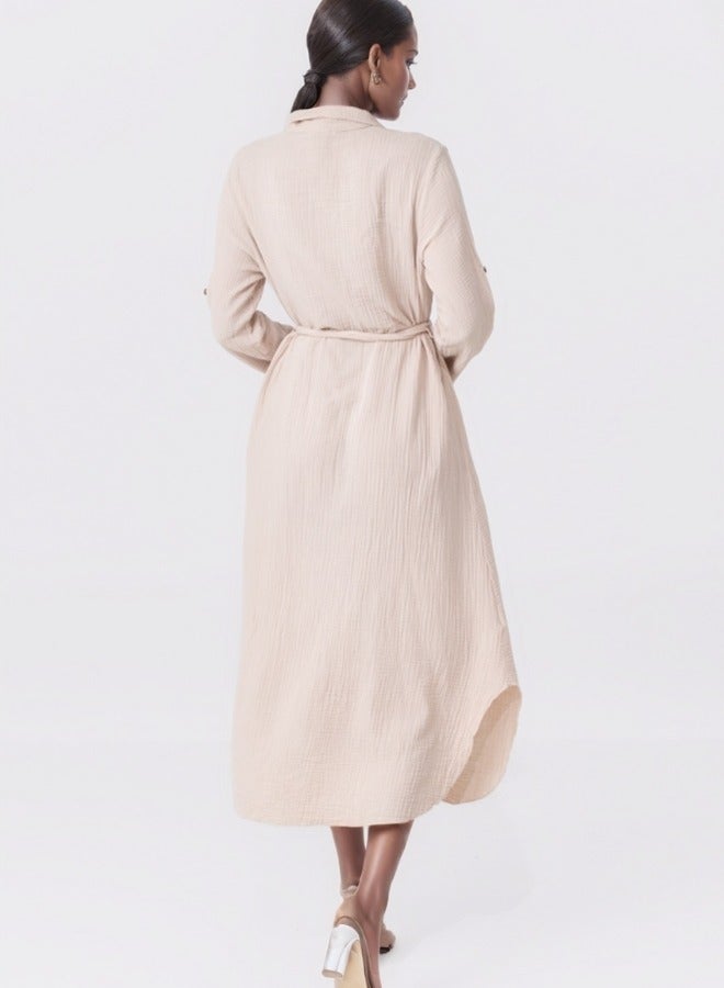 Long Sleeve Button-Down Maxi Shirt Dress with Tie Belt - Beige