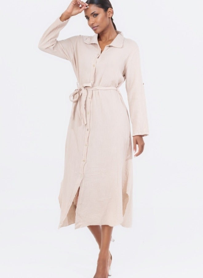 Long Sleeve Button-Down Maxi Shirt Dress with Tie Belt - Beige