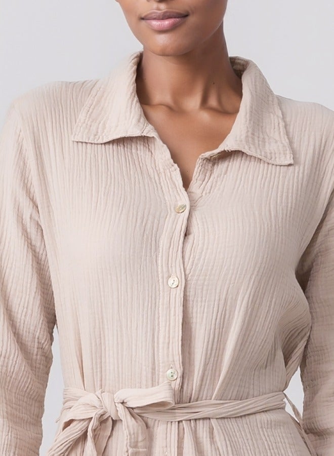 Long Sleeve Button-Down Maxi Shirt Dress with Tie Belt - Beige