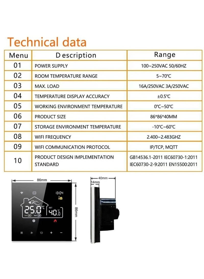 Tuya WiFi Indoor Central Air Conditioning Thermostat Floor Heating All-in-One Temperature Regulator Digital Display Intelligent Thermostat Mobile phone APP Control