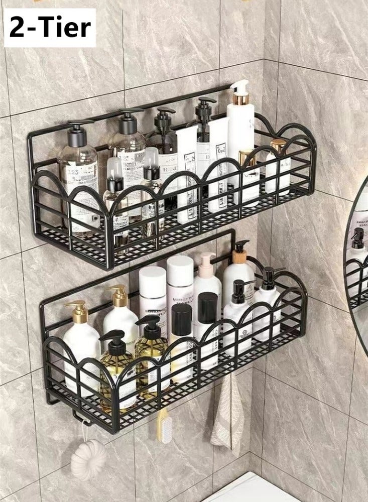 2-Piece Bathroom Metal Rack Shower Shampoo Organizer Wall Mounted Storage Rack and Hooks Black 36x12x10 Centimeter