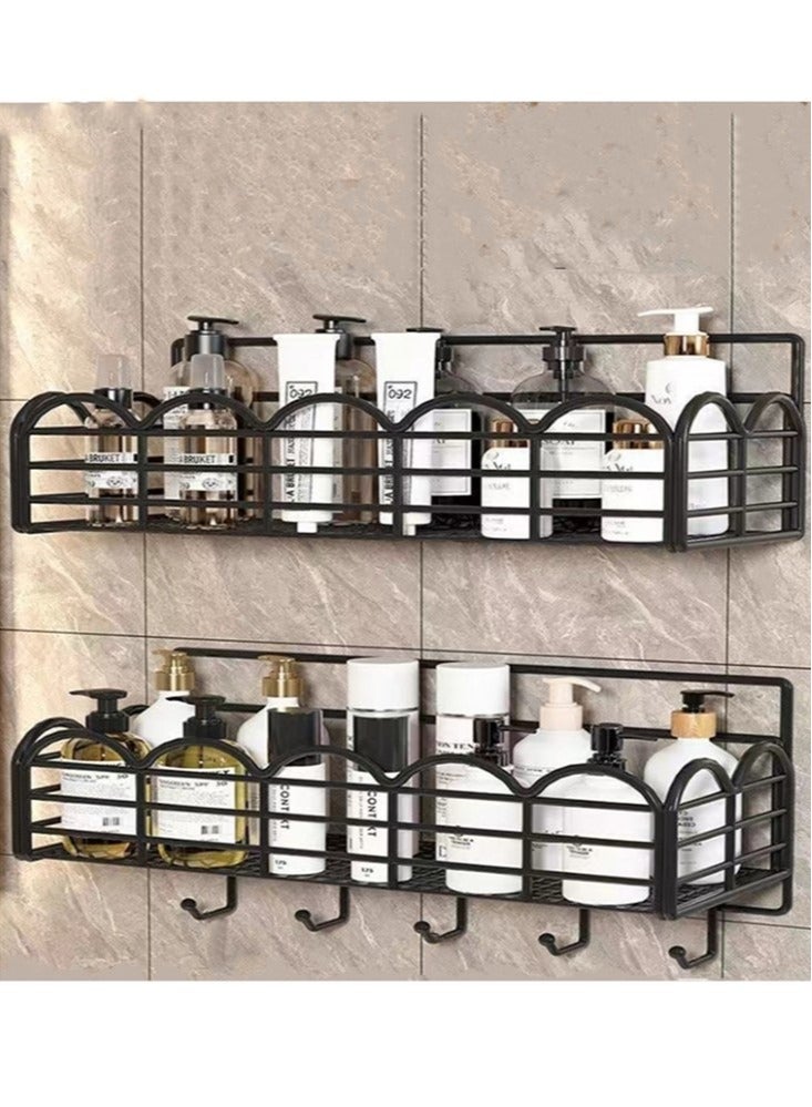 2-Piece Bathroom Metal Rack Shower Shampoo Organizer Wall Mounted Storage Rack and Hooks Black 36x12x10 Centimeter