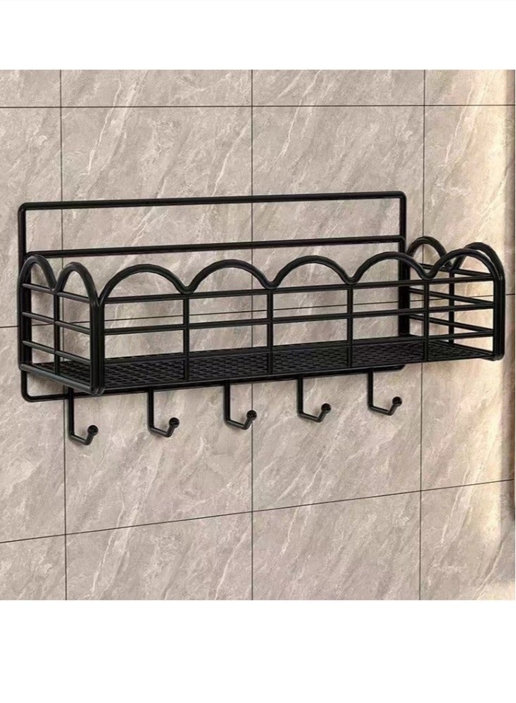 2-Piece Bathroom Metal Rack Shower Shampoo Organizer Wall Mounted Storage Rack and Hooks Black 36x12x10 Centimeter