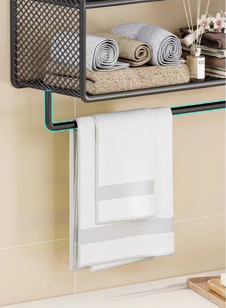 3-Tier Bathroom Rack Shelf Shower Shampoo Organizer Wall Mounted Storage Rack and Towel Rack Black Metal 44x12x31.7 Centimeter