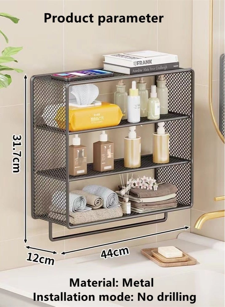 3-Tier Bathroom Rack Shelf Shower Shampoo Organizer Wall Mounted Storage Rack and Towel Rack Black Metal 44x12x31.7 Centimeter