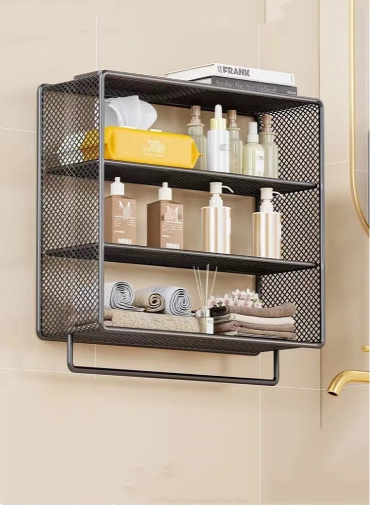 3-Tier Bathroom Rack Shelf Shower Shampoo Organizer Wall Mounted Storage Rack and Towel Rack Black Metal 44x12x31.7 Centimeter